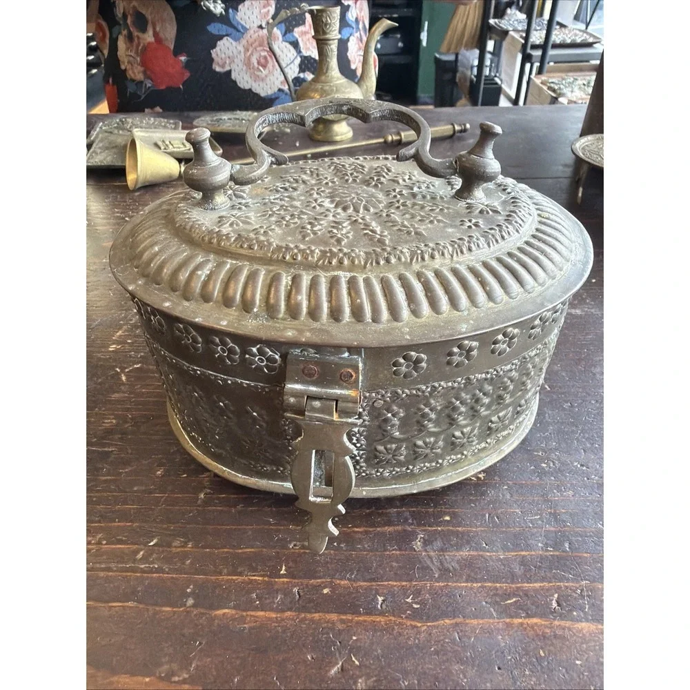 Vintage Hand Embossed Bronze Oval Box With Handle & Hasp Decorative Collectible